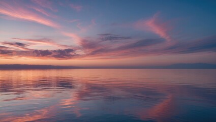 Tranquil Evening Sky Reflecting on Calm Waters at Dusk with Soft Pastel Colors and Gentle Clouds