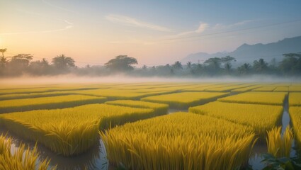 Obraz premium Golden Rice Paddy Fields at Dawn with Mist and Rolling Hills in the Background