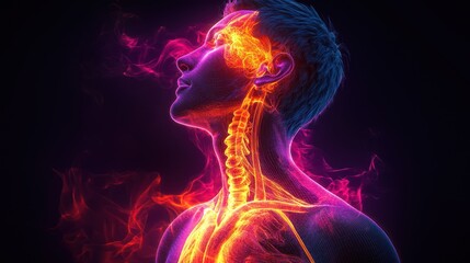 Abstract human anatomy, fiery glow, neck and upper body, artistic representation, background design, possible use in medical, scientific or art-related projects