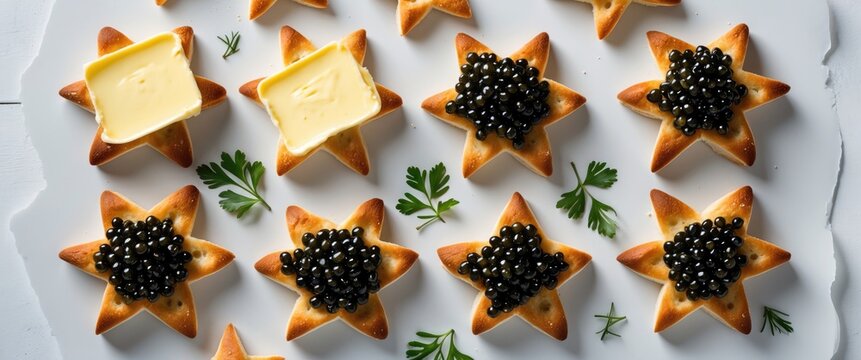 Elegant Star-Shaped Appetizers with Black Caviar and Butter on a White Background Ideal for Gourmet Events and Stylish Presentations