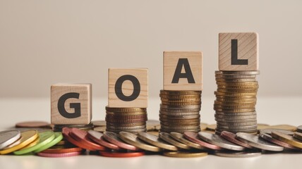 Wooden blocks spelling goal on increasing stacks of money