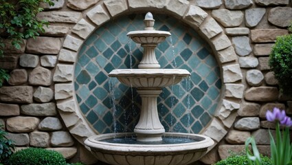 Elegant stone wall fountain set against a patterned backdrop, creating a serene garden ambiance with flowing water and lush greenery.