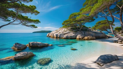Tranquil Tropical Beach Scene with Clear Water, Smooth Rocks, White Sand, Lush Trees, and Vibrant Blue Sky for Relaxation and Escape.