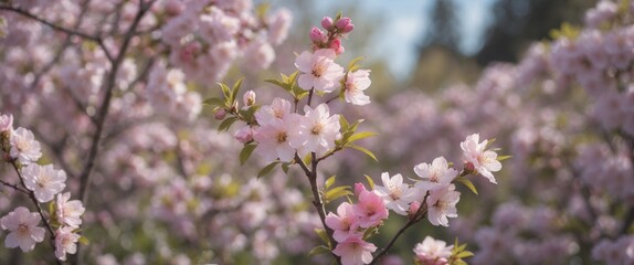 Obraz premium Blossoming Pink Cherry Flowers In A Garden With Soft Focus Background And Space For Text or Design Elements
