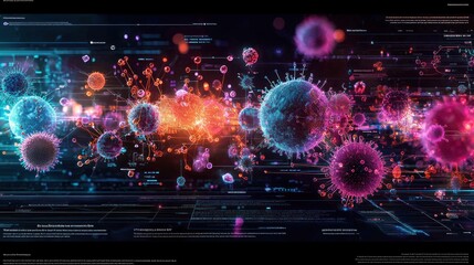 Fototapeta premium Viral Infection Data Visualization Microscopic view of virus spread, digital background. Medical research use