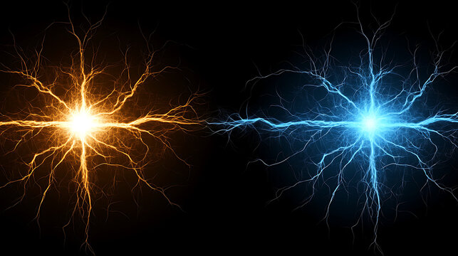Dynamic Conflict of Opposing Forces Golden Plasma Versus Icy Blue Energy Burst Abstract Dark Backdrop