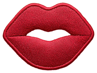 Detailed Close Up of Embroidered Red Lips Patch on Transparent Background