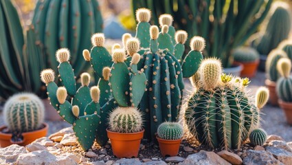Fototapeta premium Vibrant assortment of cacti in terracotta pots showcasing diverse shapes and textures in a sunny garden setting.