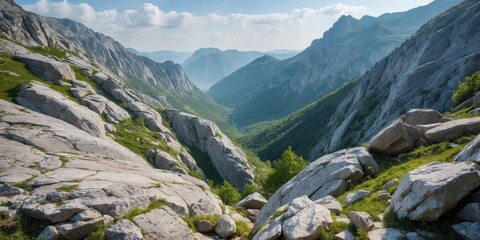 Scenic Rocky Valley Landscape in Carpathian Mountains with Lush Greenery and Expansive Blue Skies for Text Overlay or Design Use