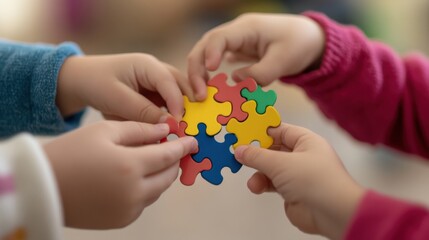 children solve colorful puzzle together