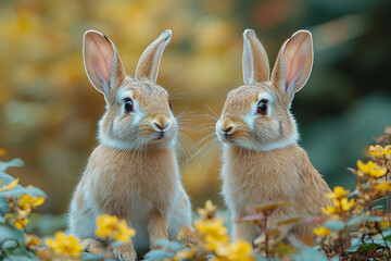 Obraz premium Serene Reflection, Twin Rabbits Amidst Autumnal Blooms and Whispering Greens