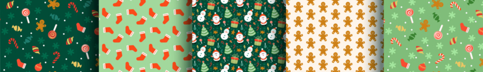 Set of Green Christmas seamless patterns. Santa, Snowman, Christmas tree, gift on green background, New year pattern for wrapping paper, fabric, card