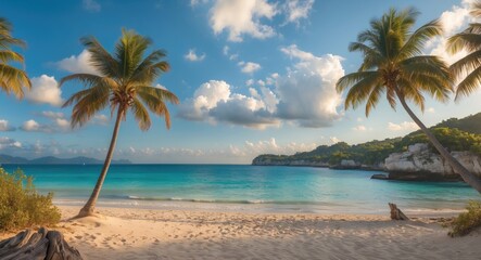 Obraz premium Serene Tropical Beach Landscape with Palm Trees at Sunset Perfect for Travel and Vacation Promotions with Copy Space for Text