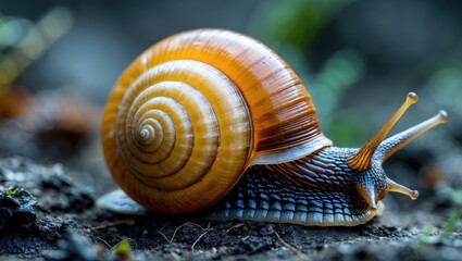 Close-up of a big garden snail in its shell with blurred background and ample empty space for text or captions on a natural setting.