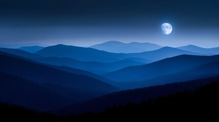 A serene nighttime landscape featuring silhouetted mountains under a bright full moon, ideal for use in travel brochures, nature websites, and calming backgrounds,