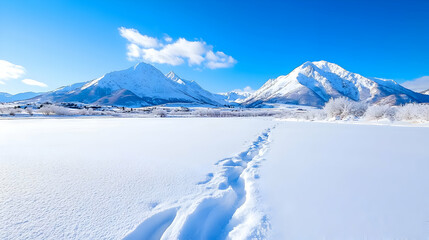 Obraz premium Footprints lead across a vast snow-covered field towards majestic mountains under a clear blue sky in winter.