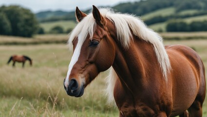 Fototapeta premium Majestic Brown Horse with White Mane Grazing in Lush Green Grassland Under Overcast Sky