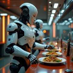 robot sitting table restaurant robot white black color has helmet its head holding plate spaghetti its right hand appears reaching its hand table covered red tablecloth two glasses water table