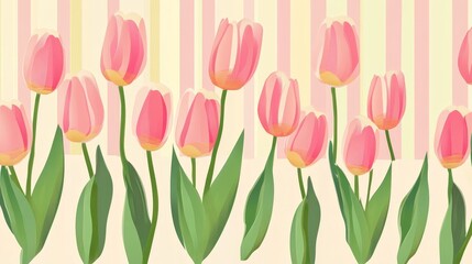 Obraz premium A row of pink tulips with green leaves. The flowers are arranged in a line and are of varying sizes. Concept of beauty and tranquility, as the flowers are a symbol of love and affection