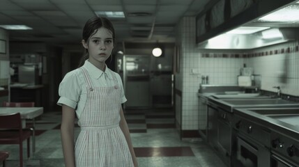 Girl in retro diner uniform, kitchen background