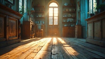 Fototapeta premium Cozy interior with warm sunlight illuminating a rustic wooden floor and vintage furniture creating a nostalgic atmosphere