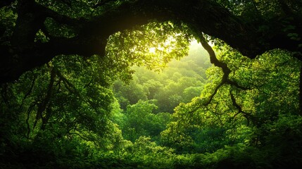 Obraz premium Lush Green Forest with Sunlight Streaming Through Tree Canopy
