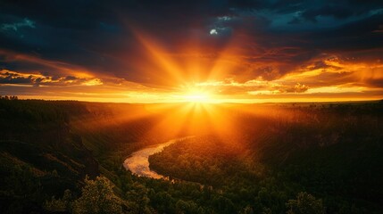 Stunning Sunset Over Serene River Valley with Dramatic Sky Colors