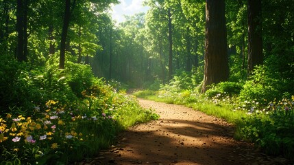 Obraz premium Tranquil Forest Pathway Surrounded by Lush Greenery and Flowers