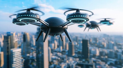 Futuristic Drones Soaring Over Modern City Skyline