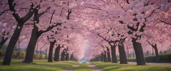 Serene Cherry Blossom Pathway in Spring Bloom with Lush Green Grass and Vibrant Pink Flowers Enhancing Natural Beauty and Tranquility