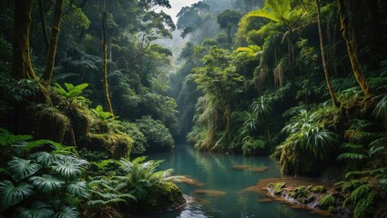 Lush Rainforest Landscape with Tranquil River Surrounded by Dense Greenery and Tropical Foliage in a Serene Natural Environment