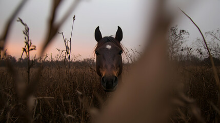 Naklejka premium Brown horse peers through tall dry grass in a rural field during a misty twilight.