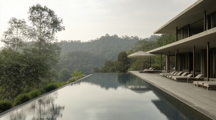 Fototapeta premium Infinity pool overlooking lush hills; tranquil resort