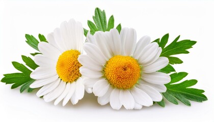 chamomile flower isolated on white or background camomile medicinal plant herbal medicine two chamomile flowers with green leaves
