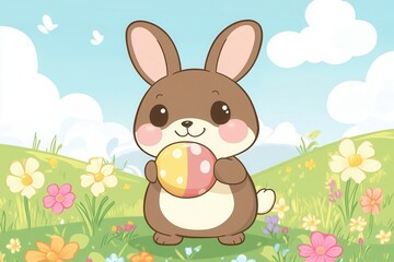 Fototapeta premium A cheerful cartoon bunny is joyfully holding a colorful egg amidst a vibrant green field under a clear blue sky.