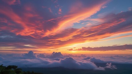 Fototapeta premium Vibrant sunset sky with colorful clouds creating a stunning panoramic view over a serene landscape at dusk.