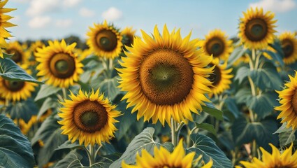 Fototapeta premium Vibrant Sunflowers in a Field Under Blue Sky with Fresh Green Leaves and Space for Text or Branding
