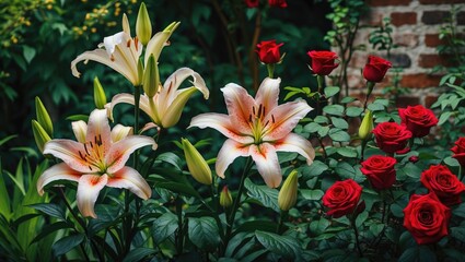 Serene Garden Scene Featuring Elegant Lilies and Vivid Red Roses in Full Bloom Against a Lush Green Backdrop