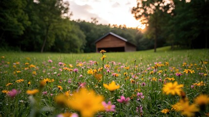 Obraz premium Bright Wildflower Meadow with Wooden Barn during Sunset in Nature