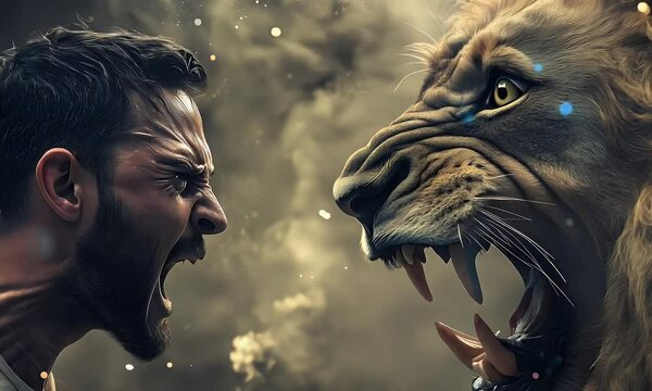A angry man fighting with a lion potrait face to face, screaming, flames and flying sparks
