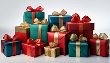 Fototapeta premium a collection of red blue and green gift wrapped christmas birthday or valentines presents with red and gold ribbon bows isolated against a background