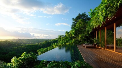 Fototapeta premium Serene Modern Villa with Infinity Pool Surrounded by Lush Nature