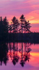 Obraz premium Stunning Sunset Over a Peaceful Lake with Tall Pine Trees Silhouetted Against a Colorful Twilight Sky