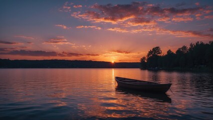 Tranquil Summer Sunset Over a Serene Lake with a Silhouette of a Boat and Space for Text Overlay