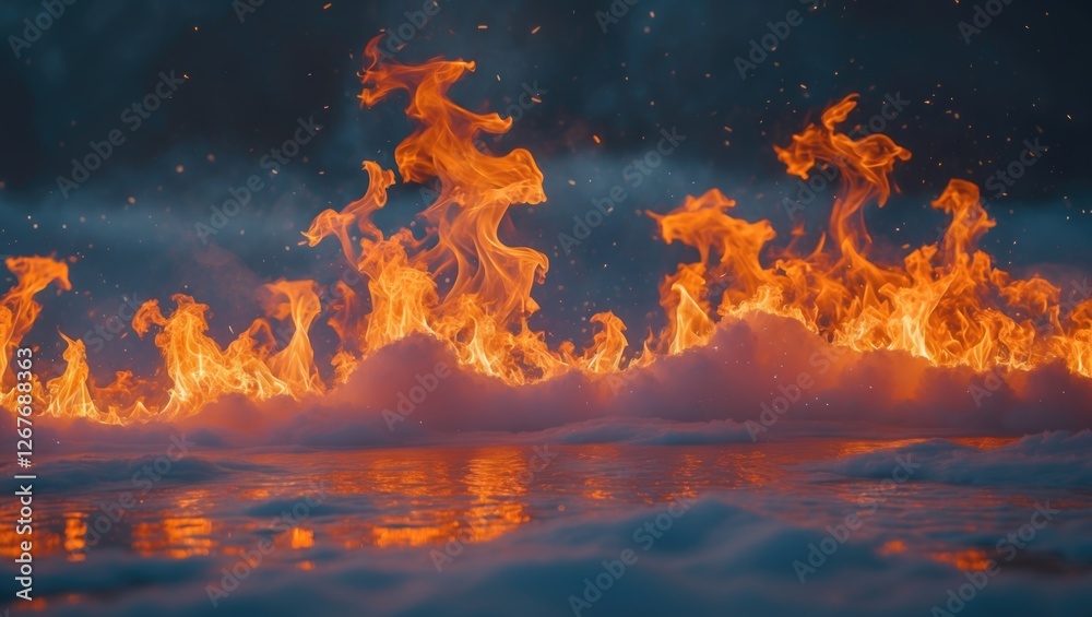 Wall mural vibrant abstract flames dancing over reflective surface creating dramatic visual contrast with soft 