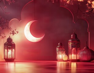 Fototapeta premium Ramadan Festive Background Crescent Moon Lit Lanterns Islamic Decorations