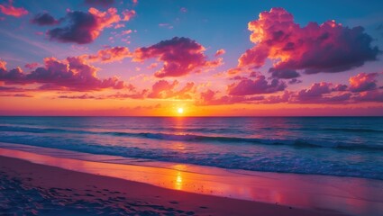 Fototapeta premium Vibrant Sunset Over Serene Beach With Soft Waves and Colorful Clouds Ideal for Inspirational Text and Relaxation Themes