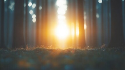 Fototapeta premium A serene forest scene with sunlight streaming through the trees, creating a warm glow and hazy atmosphere, Perfect for nature themes, relaxation articles, or wellness promotions,
