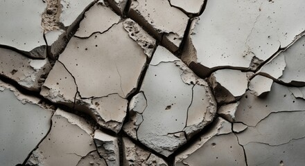 Detailed texture of cracked concrete surface showcasing intricate patterns and weathered appearance ideal for backgrounds or design elements.