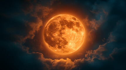 Glowing orange full moon illuminating night sky with dramatic clouds. Natural phenomenon creating ethereal atmosphere in dark landscape